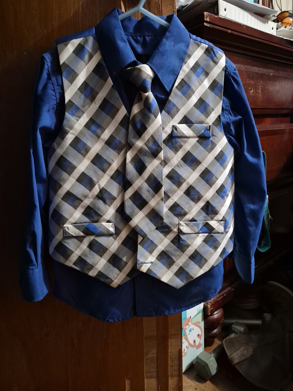 Boys Blue Plaid Vest and Tie Set with Royal Blue Shirt